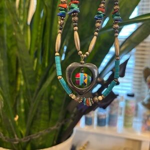 Multicolor Beaded Heart Pendant Necklace